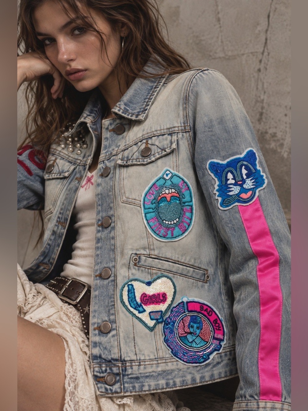 Hand Crafted Light Wash Denim Jacket with Pink Sleeve Stripe